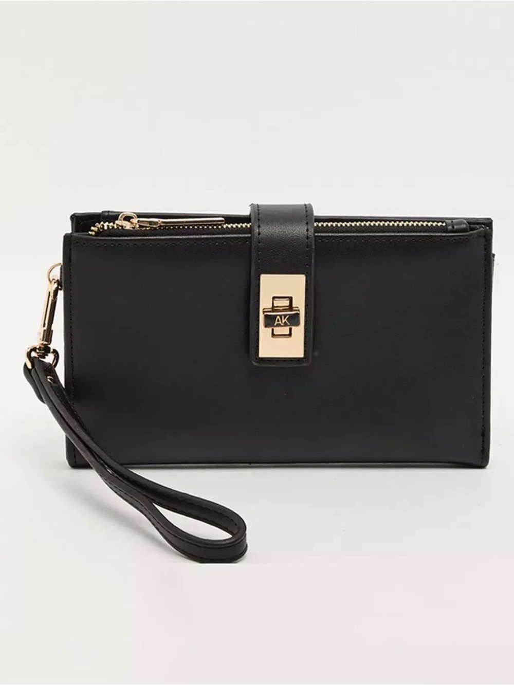 Anne Klein Black Leatherette Wristlet Clutch with Gold Accents NIB